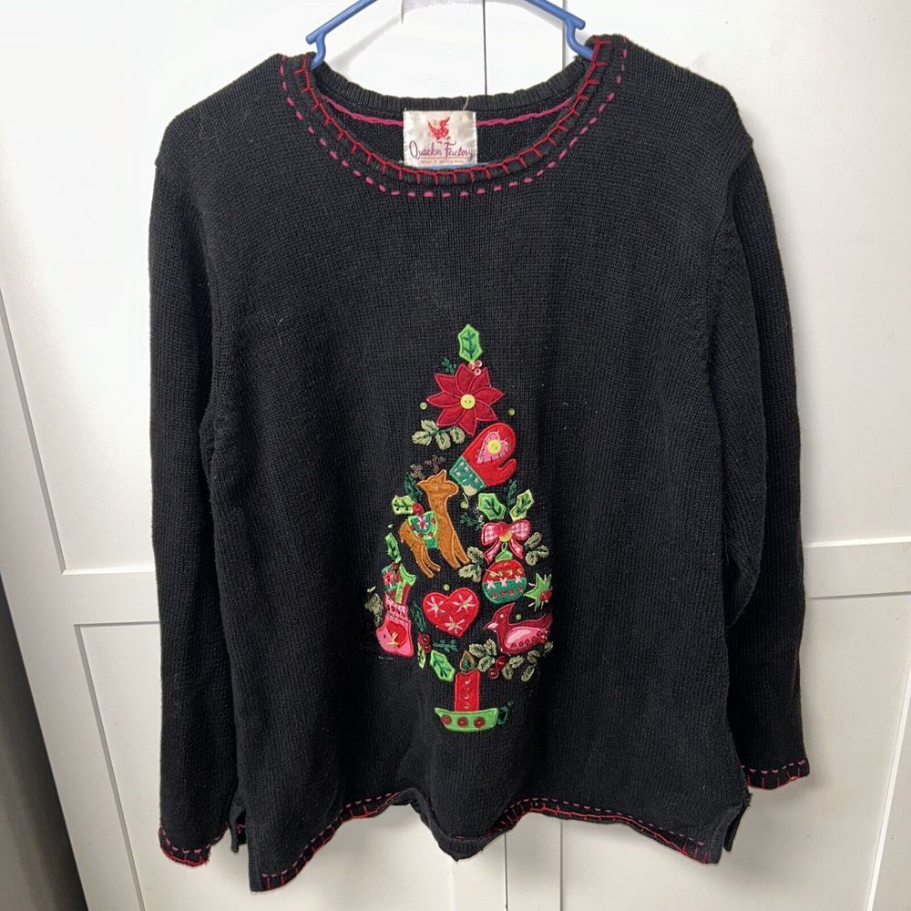 Quacker Factory Womens XL Black Knit Christmas Tree Heavy Pullover Sweater‎